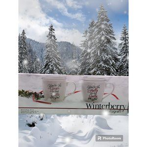 NIB Pfaltzgraff Winterberry Set Of 2 Mugs 20 oz  Porcelain White Green Red